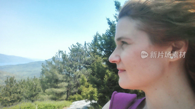 Woman Contemplating Observing Buck Mountain Summit Landscape, Adirondacks, New York